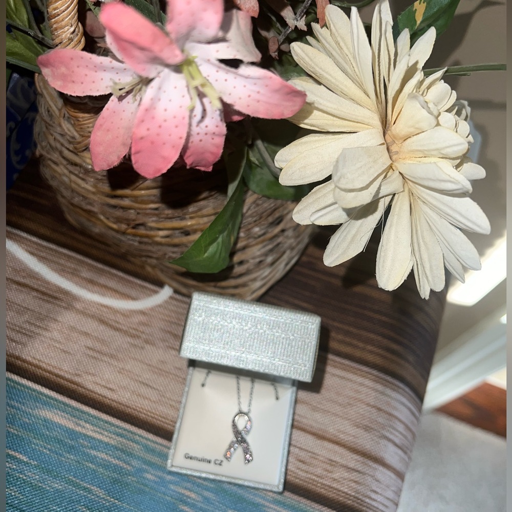 Breast Cancer Pink Ribbon ๐ Silver Necklace Genuine CZ - Picture 2 of 7